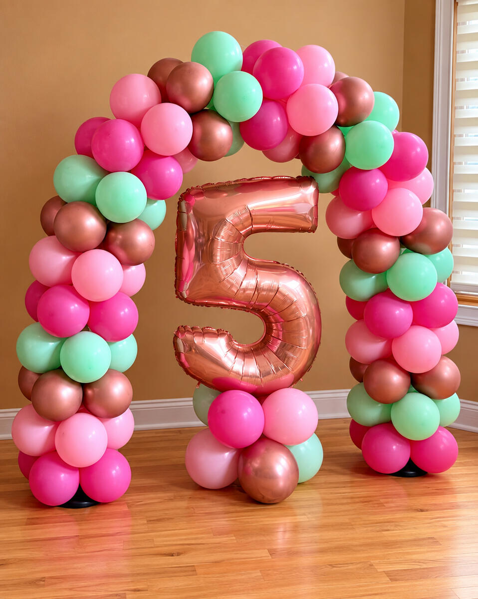 Pink, mint and rose-gold balloon arch with a matching number-five display.