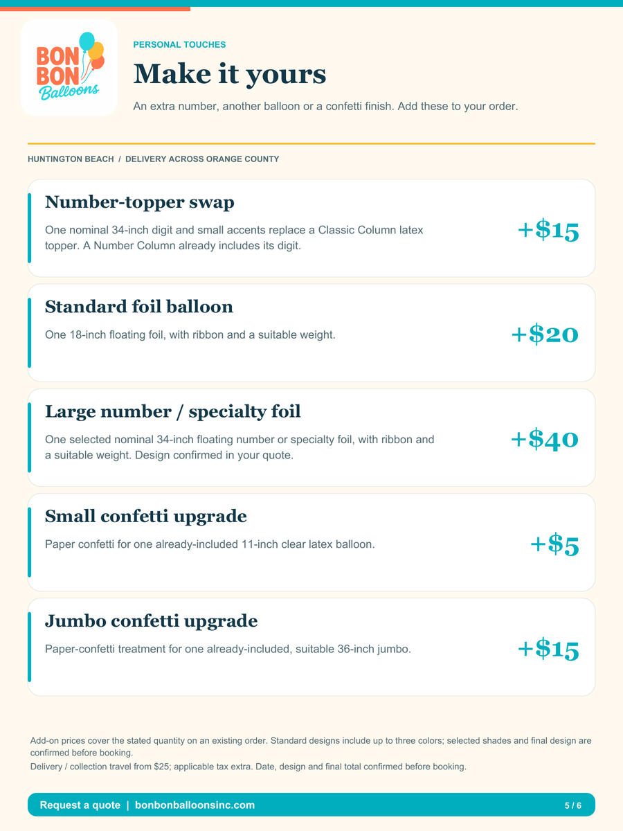 Menu page 5: number-topper swap $15, standard floating foil $20, large specialty foil from $40, small confetti $5 and jumbo confetti $15. Add-on quantities and inclusions explained.