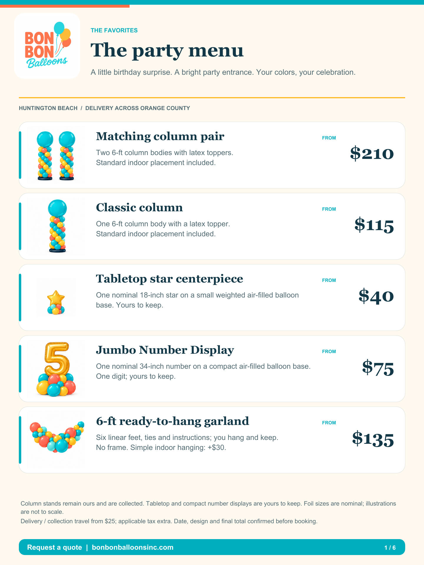 BonBon party favorites: matching column pair $210, classic column $115, tabletop star centerpiece $40, Jumbo Number Display $75, six-foot garland $135. Starting prices; travel and tax extra. Tap to enlarge.